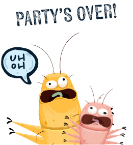 two illustrated demodex mites are paralyzed one says uh oh in speech bubble with text reading party’s over