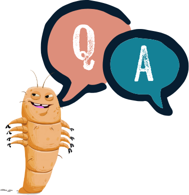 Illustrated demodex mite with letters q and a in speech bubbles
