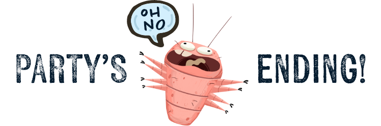 illustrated demodex mite saying oh no is paralyzed along with text that reads party’s over