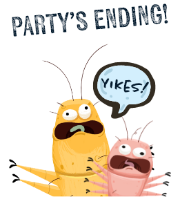 two illustrated demodex mites one says yikes in speech bubble with text reading party’s over