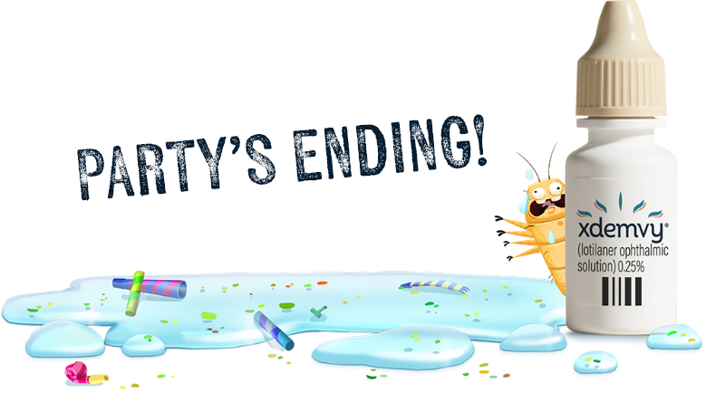 Illustrated demodex mite peers around a bottle of XDEMVY next to party favors in a puddle of liquid with text reading party’s over