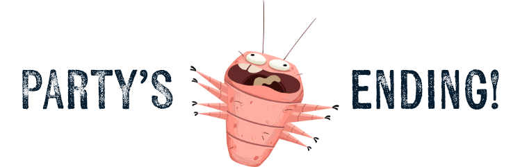 illustrated demodex mite saying oh no is paralyzed along with text that reads party’s over
