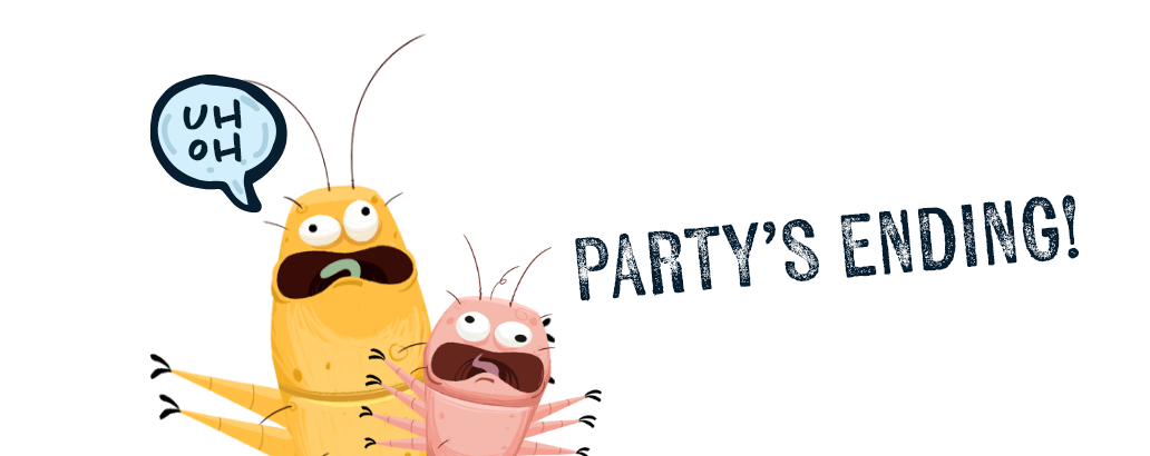 two illustrated demodex mites are paralyzed one says uh oh in speech bubble with text reading party’s over