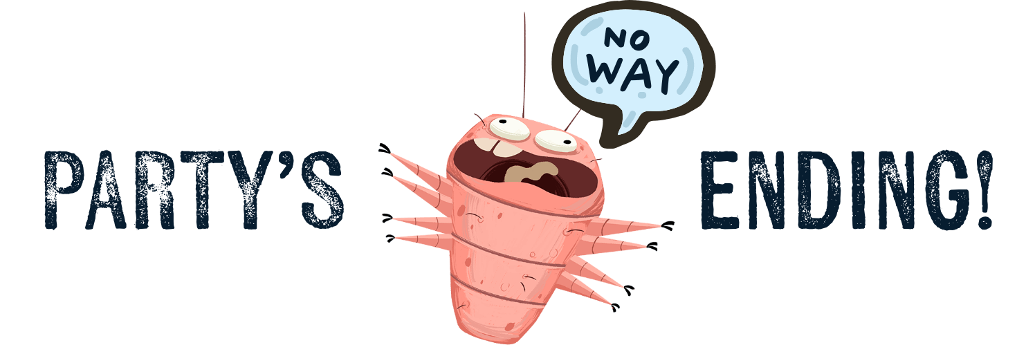 illustrated demodex mite saying oh no is paralyzed along with text that reads party’s over