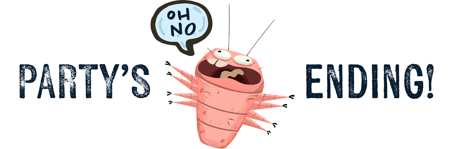 illustrated demodex mite saying oh no is paralyzed along with text that reads party’s over