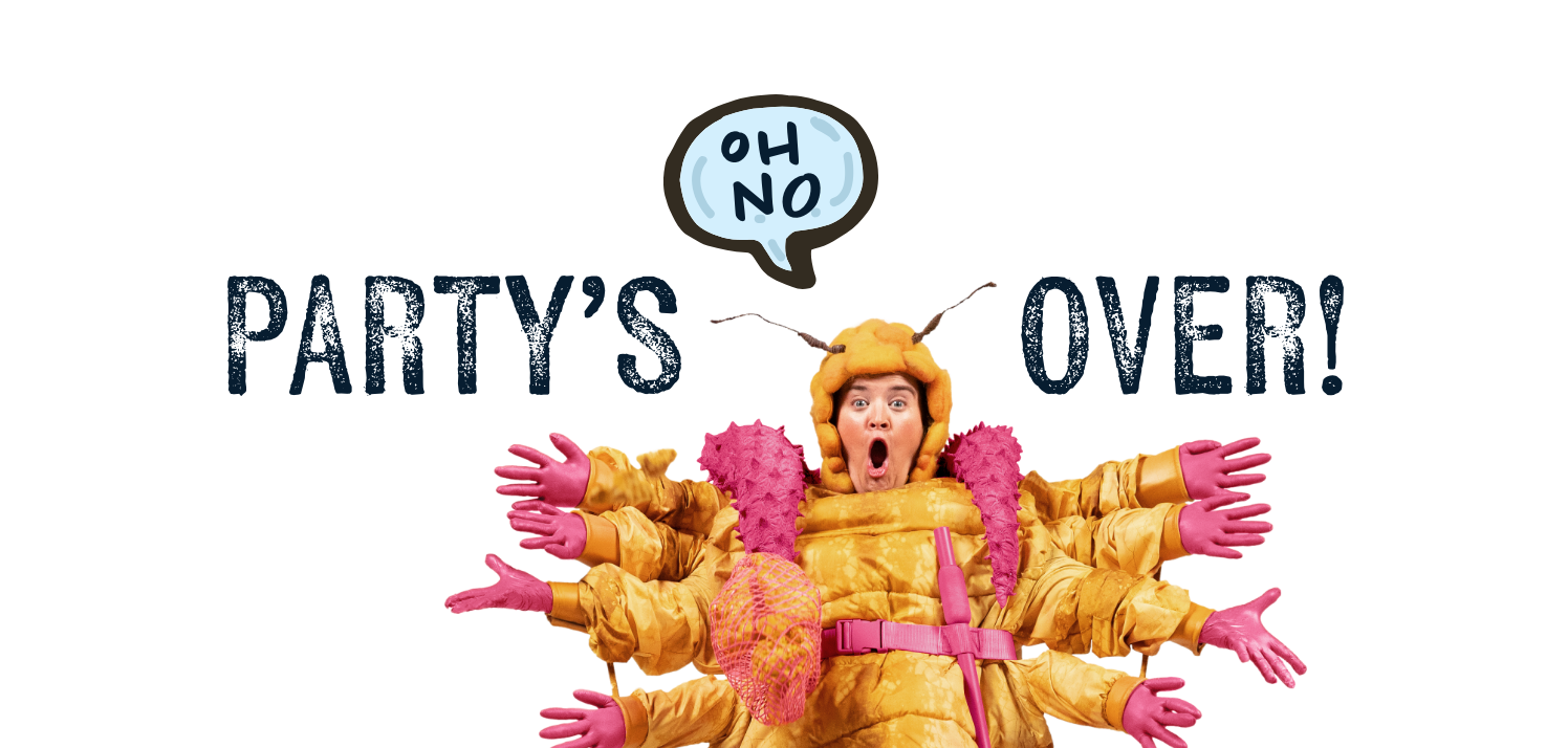 demodex mite saying oh no with text that reads party’s over