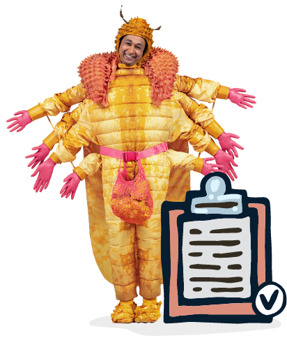 Mite with multiple arms and a cartoon clipboard